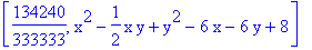 [134240/333333, x^2-1/2*x*y+y^2-6*x-6*y+8]